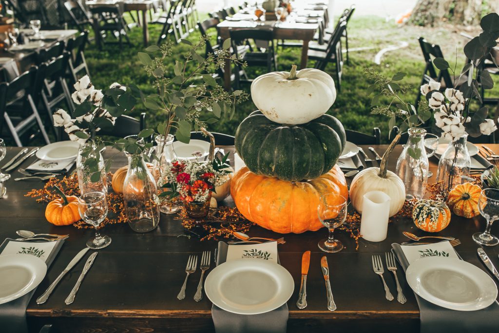 fall centerpiece with stack pumpkins
