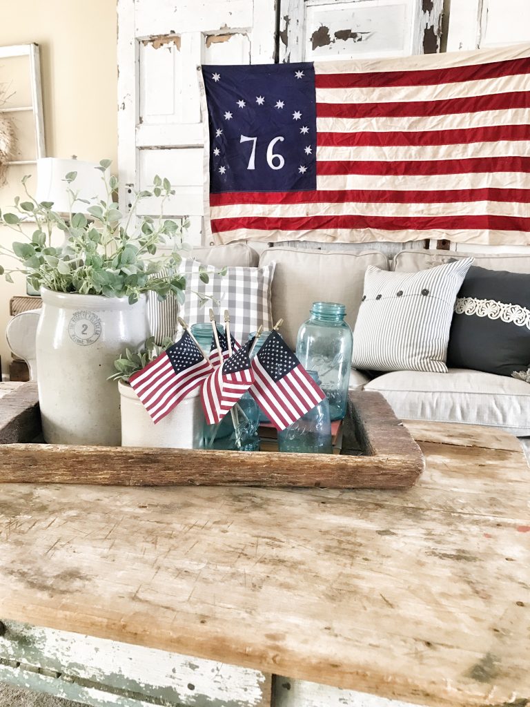 coffee table with small us flags