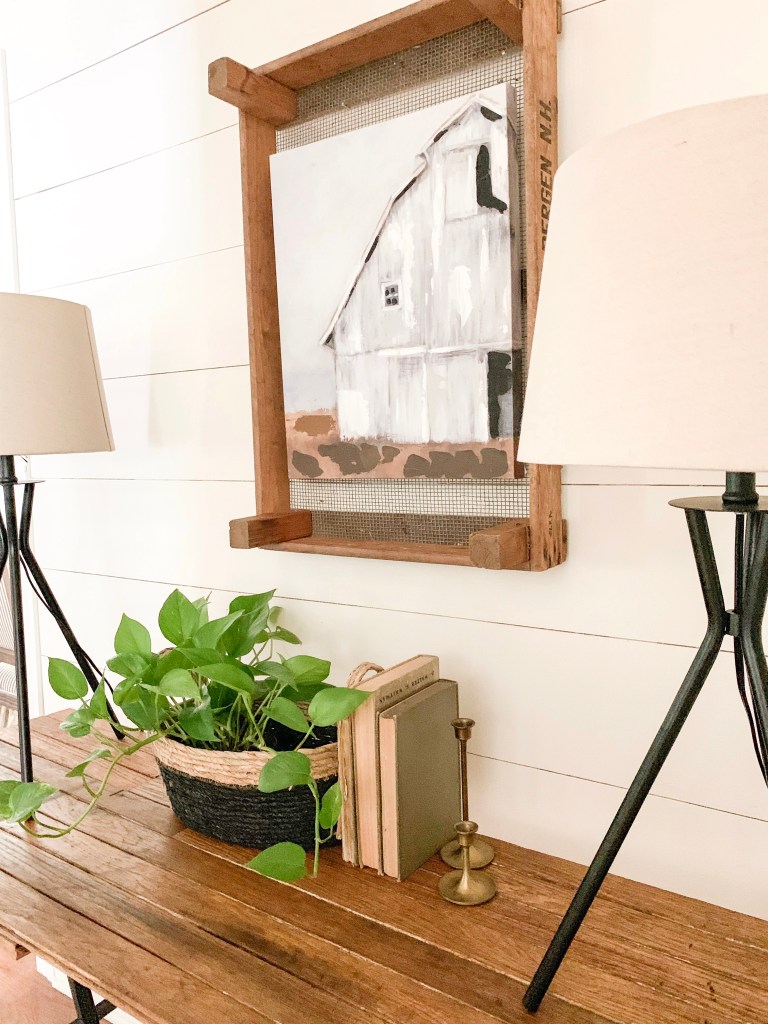 farmhouse modern black table lamps on console table