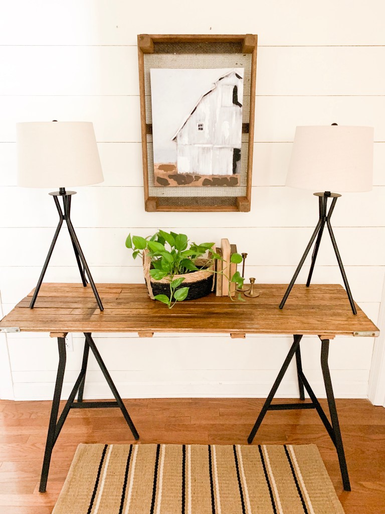 wood top console table with black metal legs