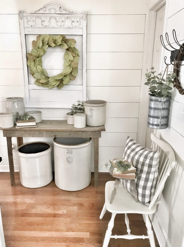 farmhouse hallway decor with faux shiplap wall diy completed